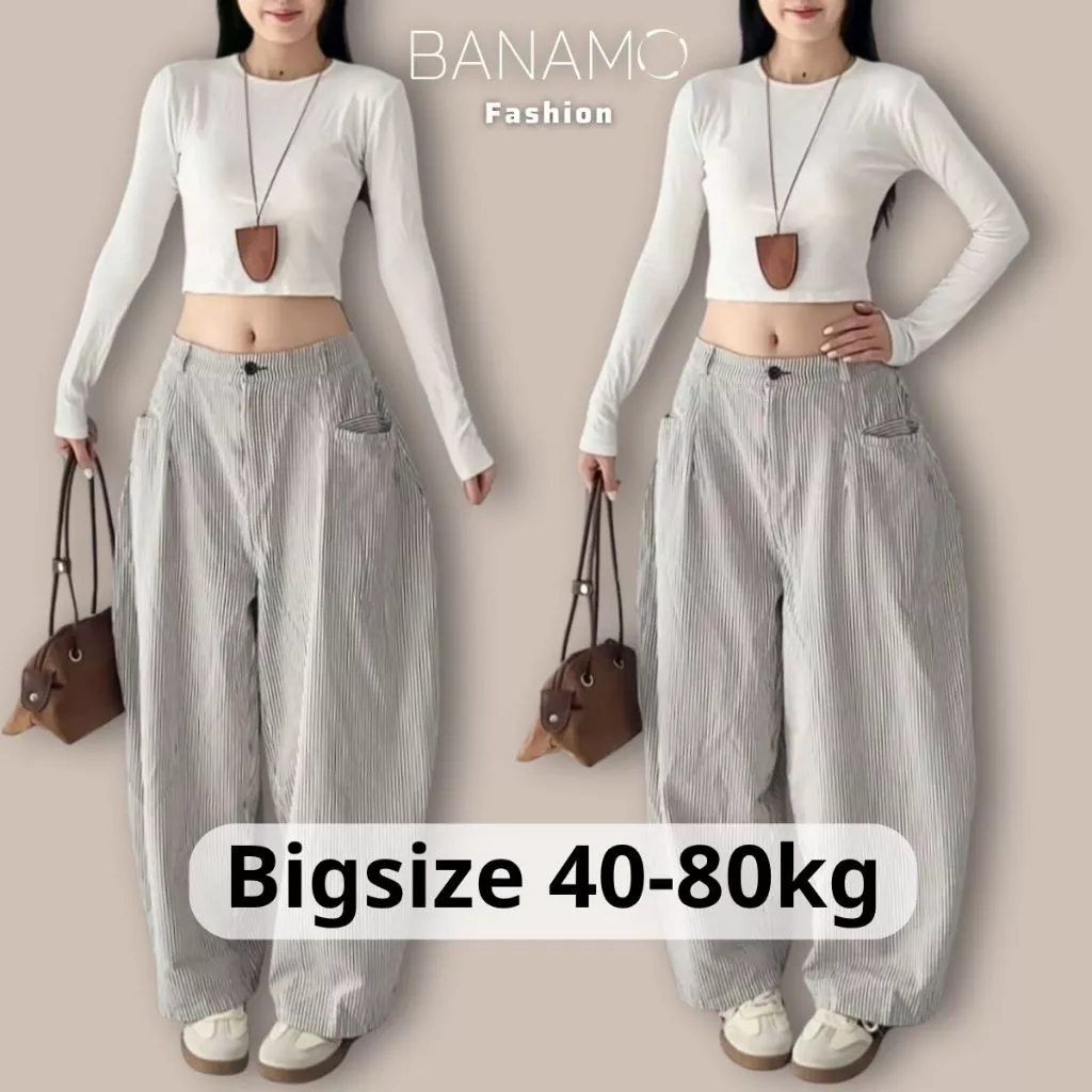 Quần ống rộng nữ BIGSIZE Banamo Fashion quần harem kẻ sọc dáng thụng cạp chun sau phong cách Hàn Quốc 9908