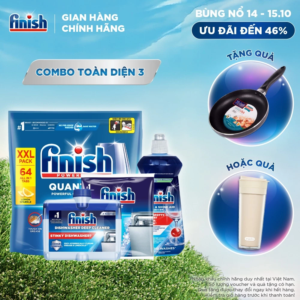 Combo Finish toàn diện 3: Viên Rửa Chén Bát Finish Powerball Quantum 64 viên +Nước Làm Bóng Finish 500ml + Muối Rửa Chén