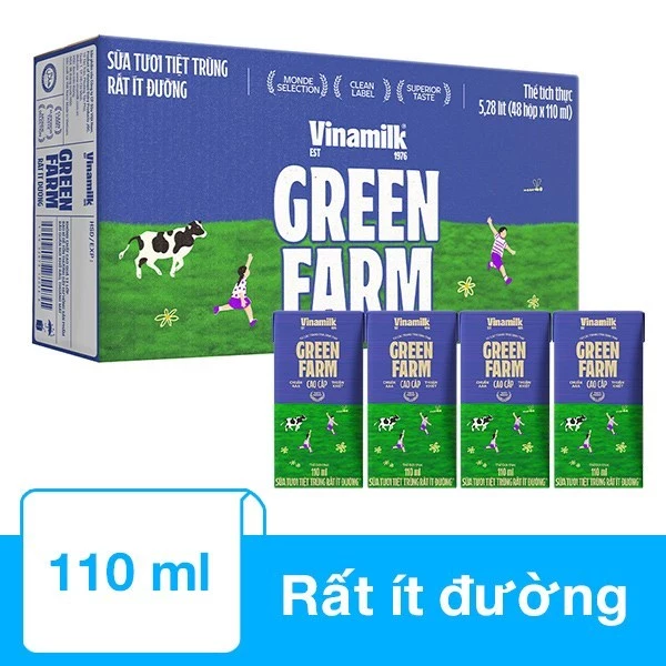 Thùng 48 hộp sữa tươi tiệt trùng Vinamilk Green Farm A2 ít đường 110 ml (từ 1 tuổi)