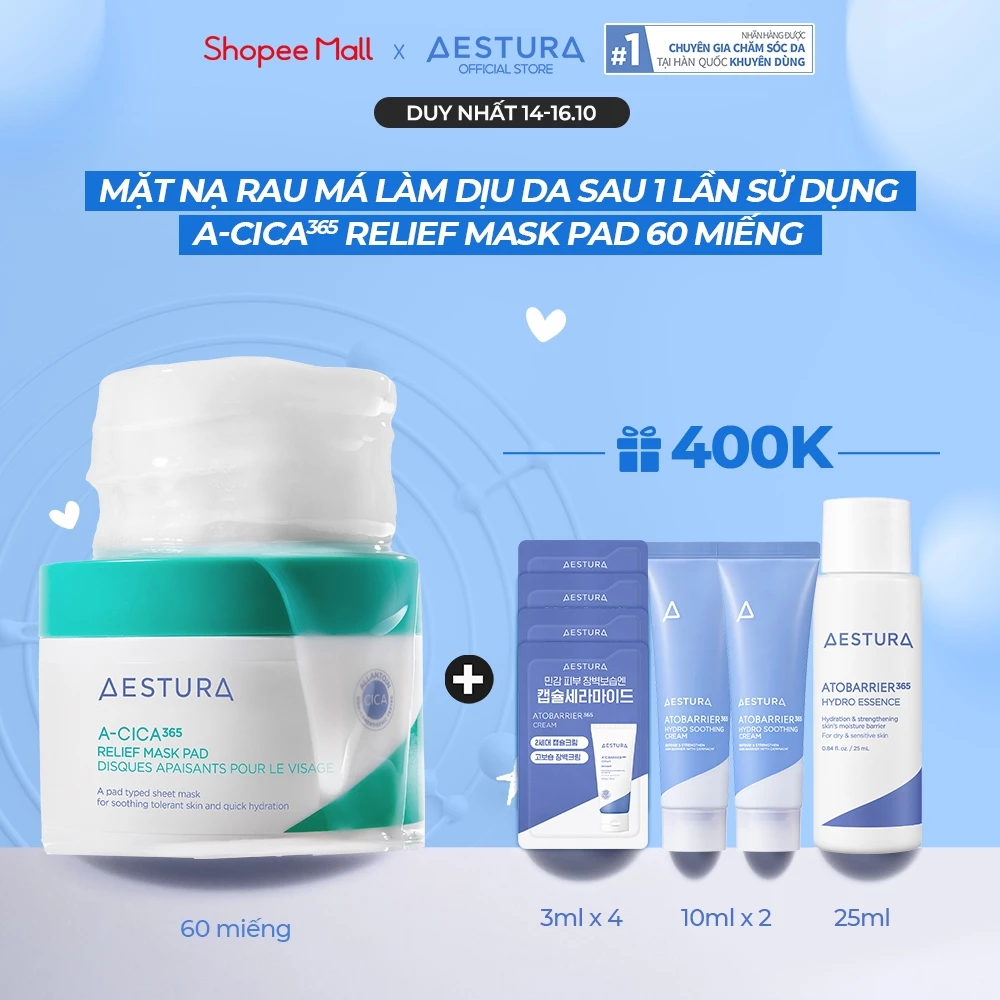 Mask Pad chiết xuất rau má cấp ẩm AESTURA A-CICA365 Relief Mask Pad 60 miếng