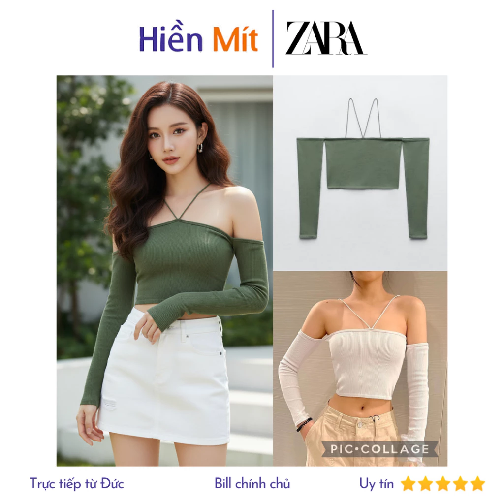 ZARA Đức - Áo croptop trễ vai tay dài dây tròng cổ thun cotton sale auth new tag cao cấp có sẵn xanh rêu 7901/878