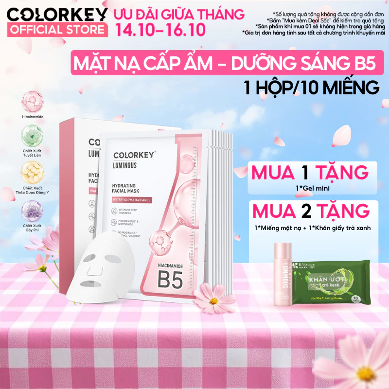 1 Hộp 10 Miếng Mặt Nạ Giấy COLORKEY LUMINOUS Vitamin B5 Hỗ Trợ Phục Hồi 25ml/miếng