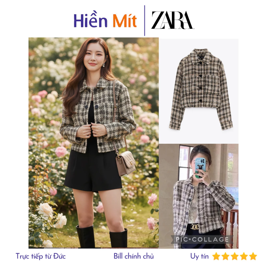 ZARA Đức - Áo khoác tweed dệt kim dáng sơmi form ngắn hai túi màu nâu trắng sale auth new tag cao cấp có sẵn 8678/169