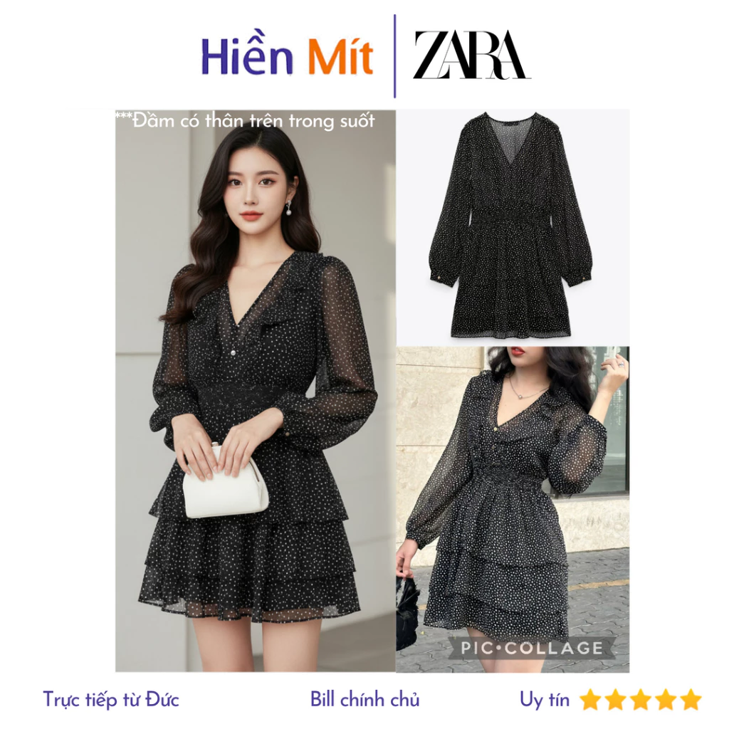 ZARA Đức - Đầm ngắn dáng xòe tay dài bèo voan cổ V đen chấm bi trắng chiết eo co giãn sale auth new tag có sẵn 2587/168
