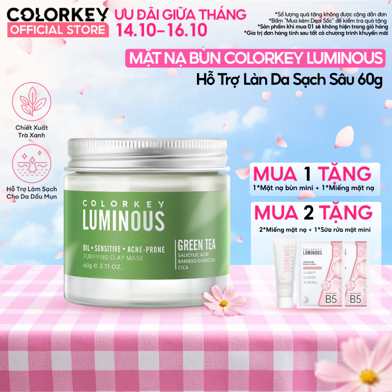 Mặt Nạ Bùn Trà Xanh COLORKEY LUMINOUS Làm Sạch Da Không Gây Khô Da Khi Dùng 60g/hũ