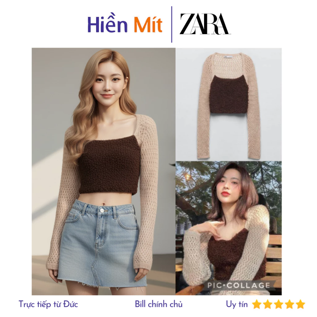 (Size S) ZARA Đức - Áo kiểu croptop len cổ vuông tay dài form ôm co giãn màu nâu sale auth new cao cấp có sẵn 3859/001