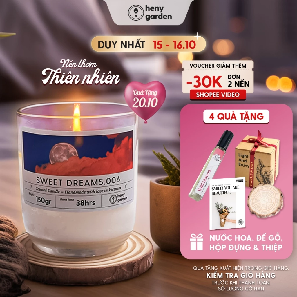 Nến Thơm Thư Giãn Quà Tặng 20/10 Mùi Hương Dễ Ngủ HENY GARDEN Dành Cho Phòng Vừa Và Nhỏ