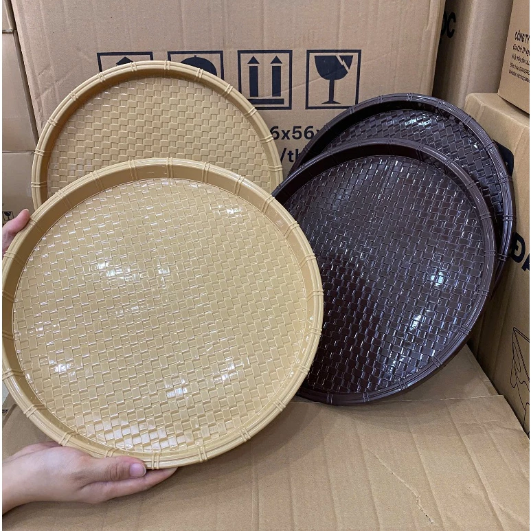 Giadungso Khay nhựa tròn giả mây tre đựng đồ ăn, bún đậu, trái cây decor, mẹt giả mây nhựa Việt Nhật