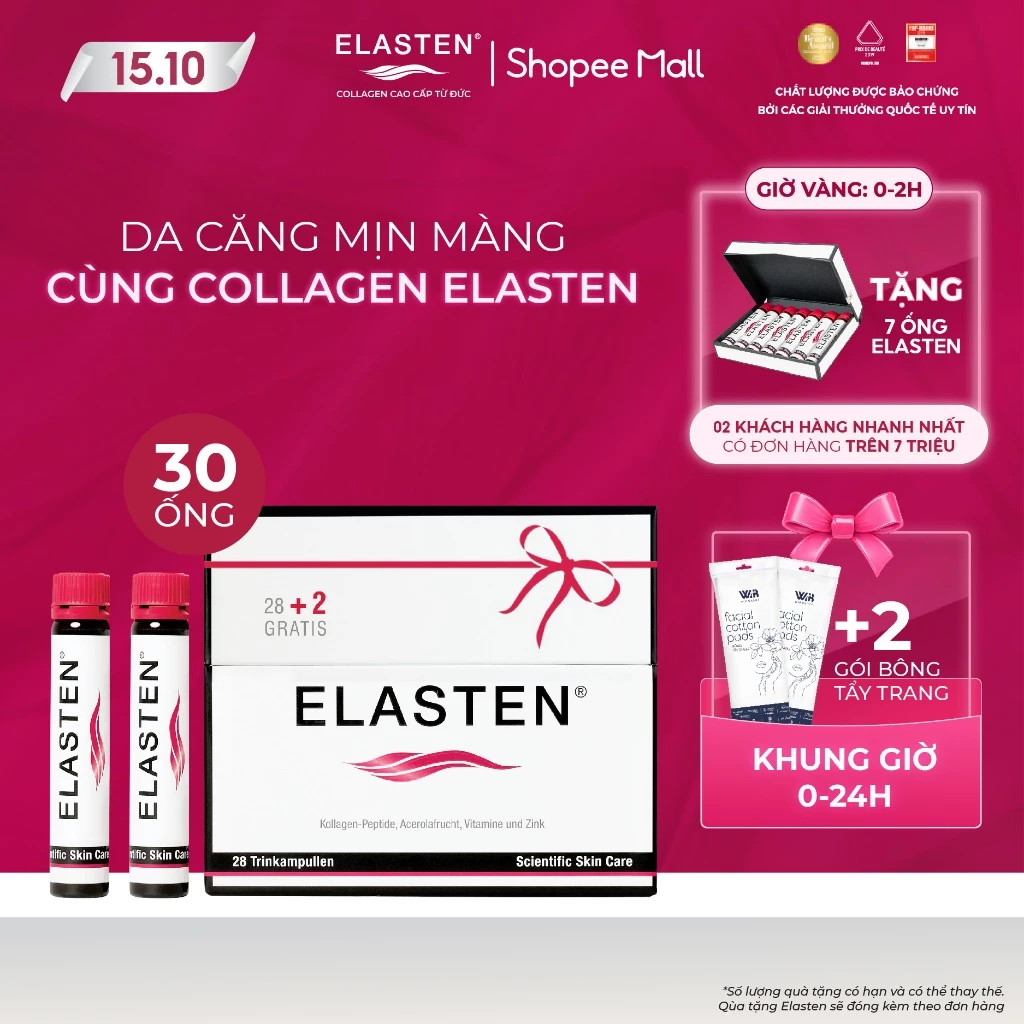 Collagen Elasten Hộp 30 ống x 25ml - Giúp Da Căng Mịn, Chống Lão Hóa, Tóc Chắc Khỏe