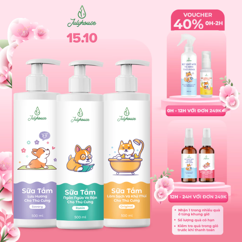 Sữa tắm cho chó mèo 150ml/500ml Julyhouse thơm mát khử mùi hôi
