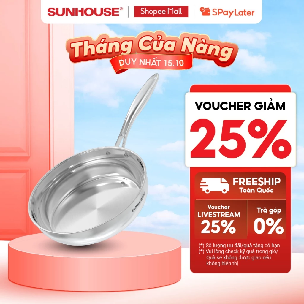 Chảo inox 304 đa lớp cao cấp SUNHOUSE IN20-24-26M6E - 3 lớp liền khối - Cán rỗng hạn chế bỏng
