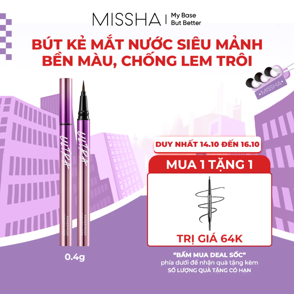 Missha Kẻ Mắt Ultra Powerproof Thin Pen Line 0.4g Siêu Mảnh Lâu Trôi Chống Nhoè