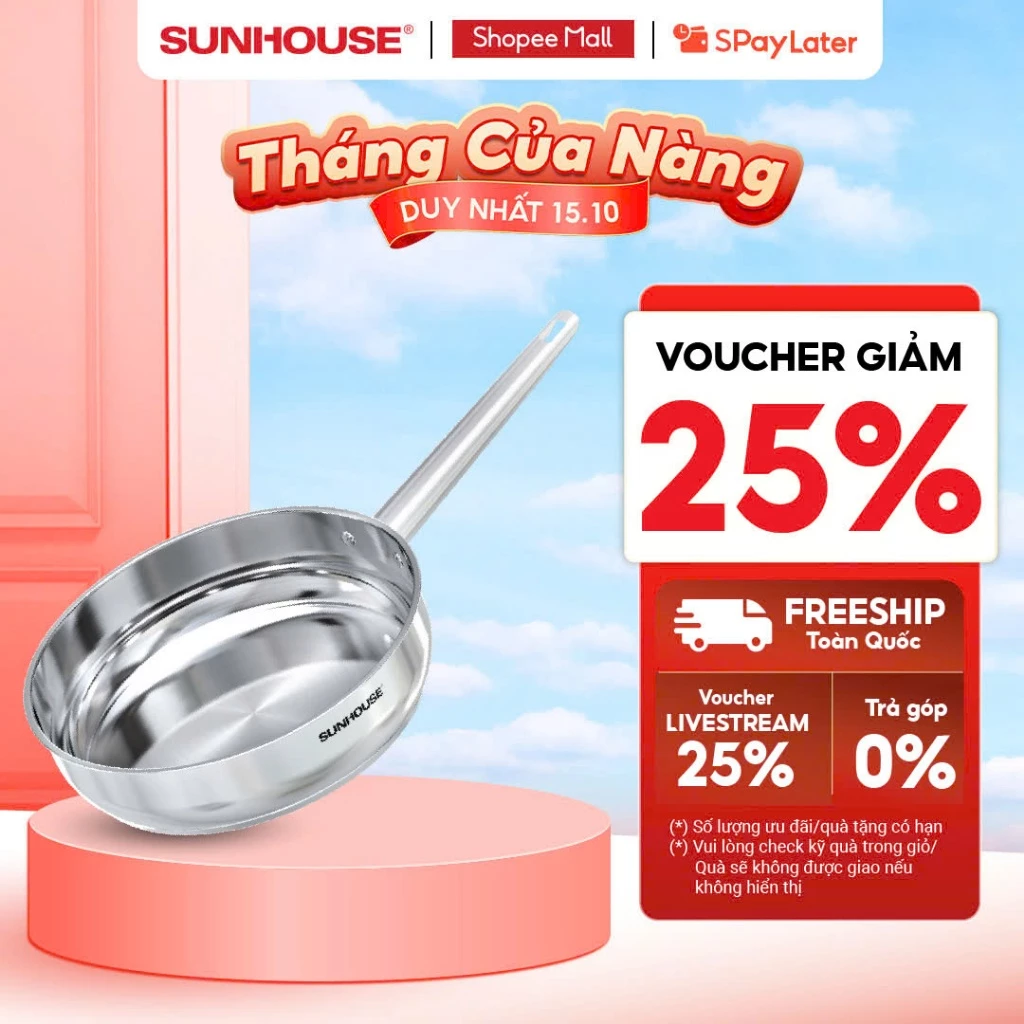 Chảo Inox 304 cao cấp Sunhouse Healthy IN16-20-24-26-28M9 - Phù hợp mọi loại bếp - Tay cầm Inox không gỉ
