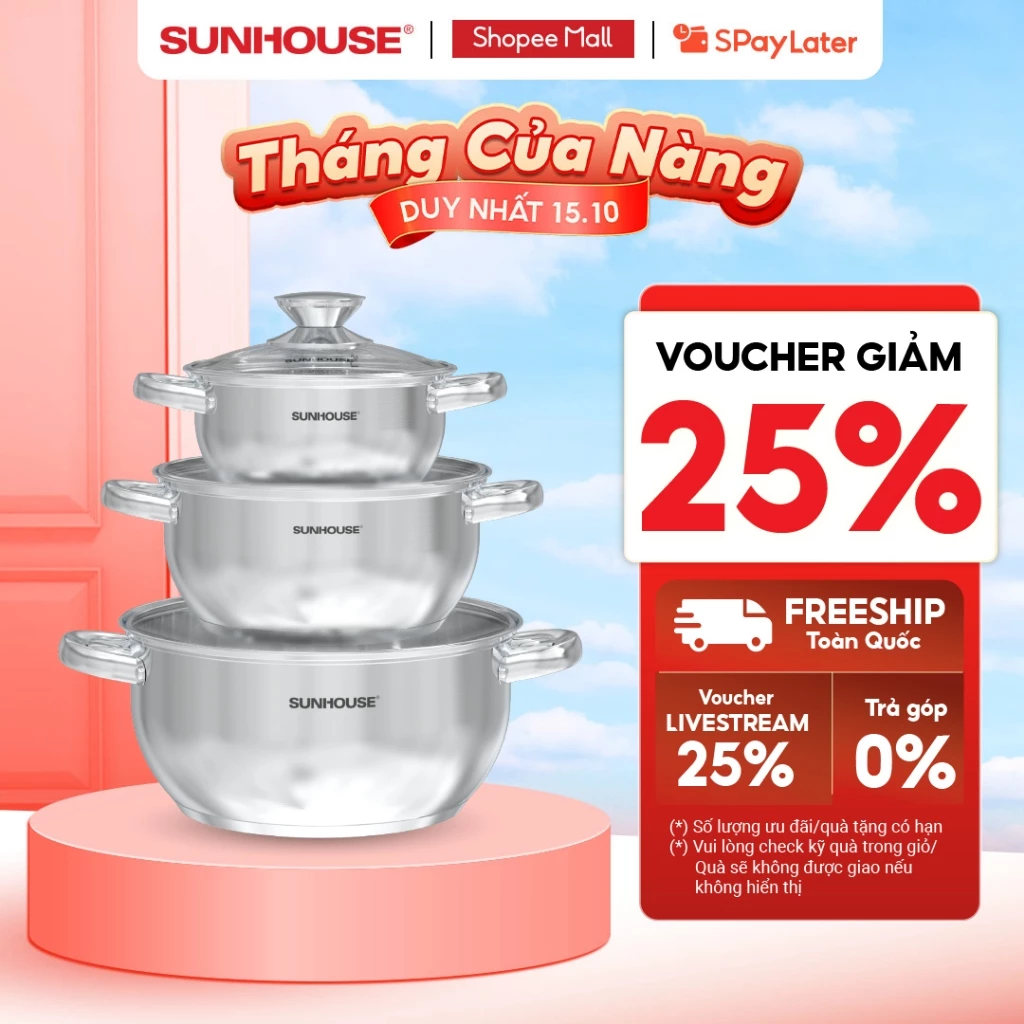 Bộ nồi inox 3 đáy Sunhouse Eco SHG334E - Gồm 3 nồi 16-20-24cm - Inox an toàn, chất lượng - Dùng cho mọi loại bếp