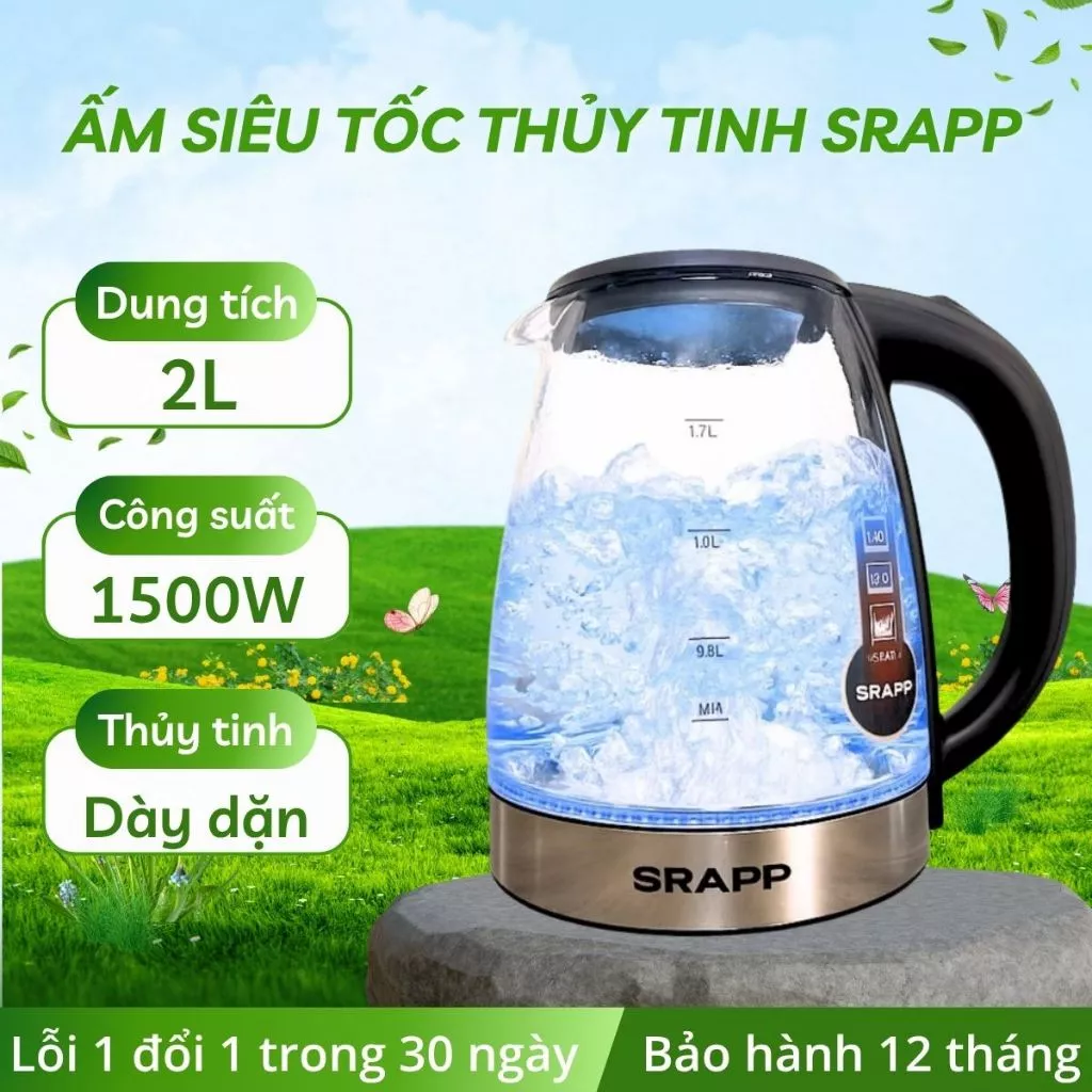 Ấm đun siêu tốc thủy tinh Srapp dung tích 2L, công suất 1500W có đèn LED tự động ngắt khi sôi BH12T