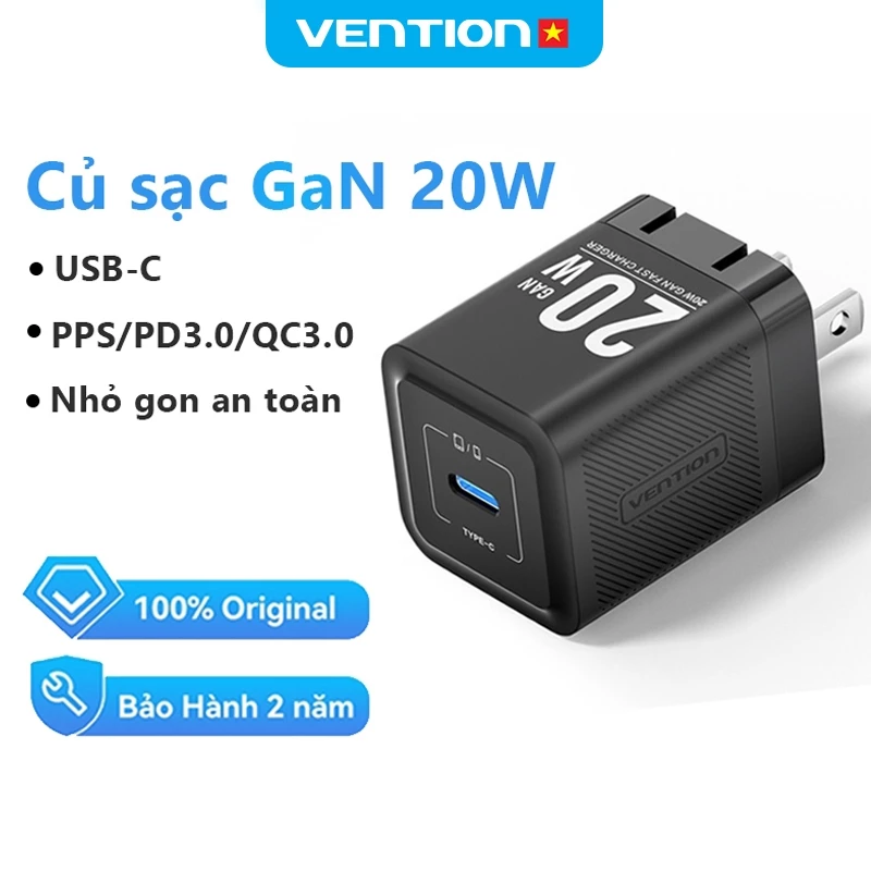 Bộ Sạc Nhanh 20W GaN Vention Hỗ Trợ PD Và QC3.0, Cổng USB-C, Chống Quá Tải Nhiệt, Bền Bỉ An Toàn, Bảo Hành 2 Năm