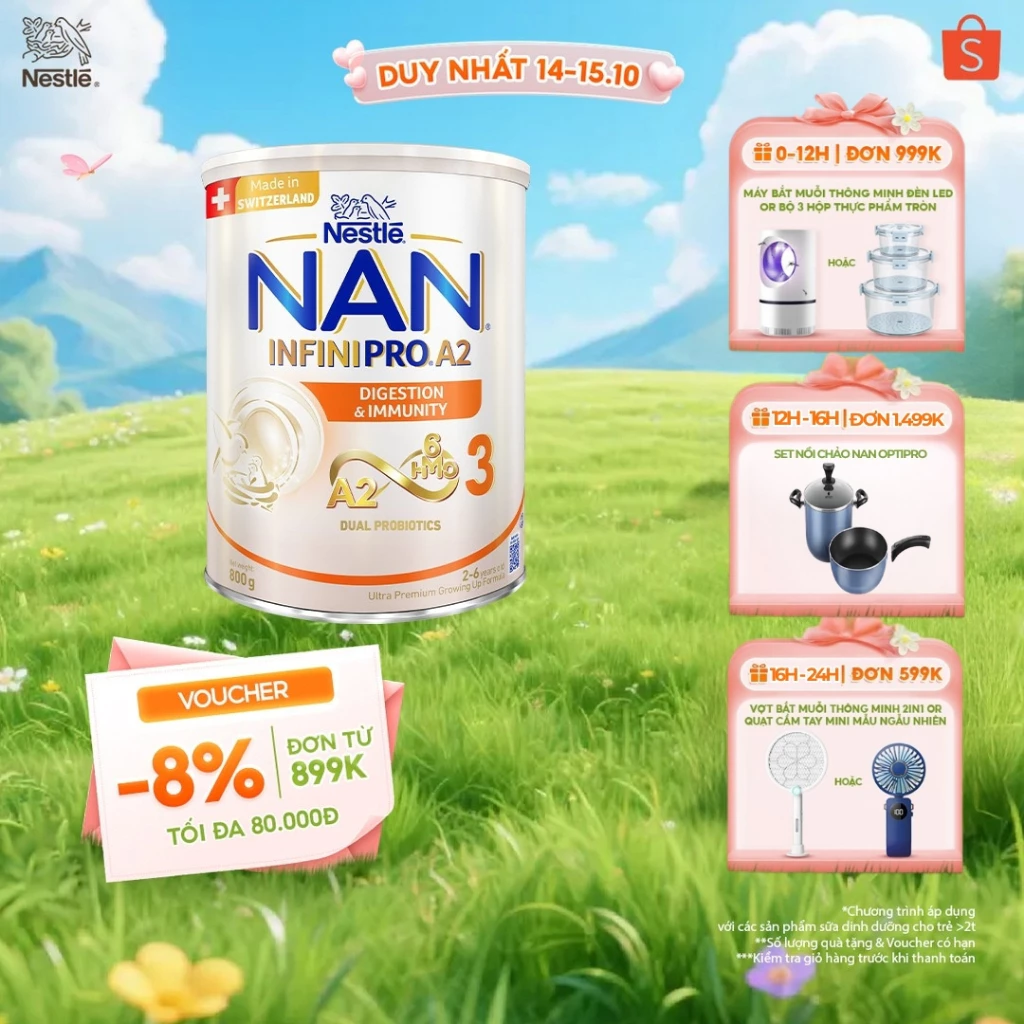 Sữa bột Nestlé NAN INFINIPRO A2 3 800g nhập khẩu Thụy Sĩ với công thức đầu tiên chứa đạm A2, 6HMO & Lợi khuẩn kép