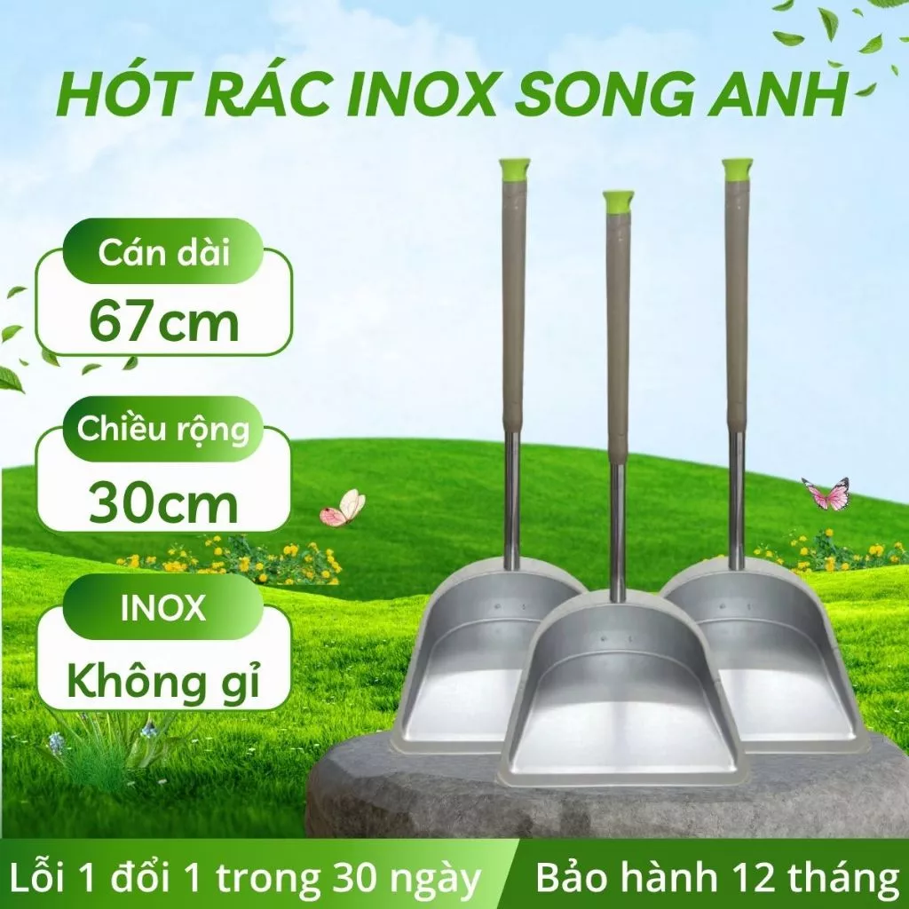 Hót rác inox cán dài Song Anh, xẻng hốt rác kim loại siêu bền dài 70cm dễ dàng lắp ráp