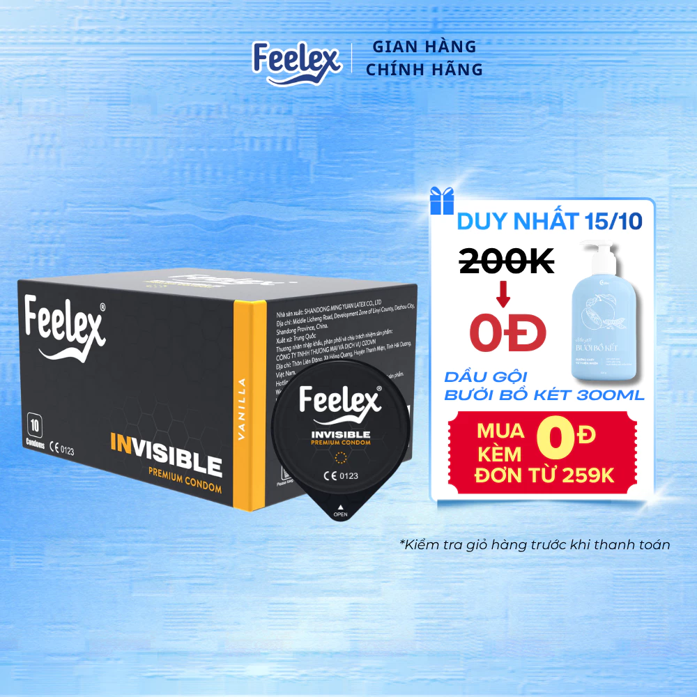Bao cao su Feelex siêu mỏng, kéo dài thời gian, gân gai, nhiều gel bôi trơn - Hộp 10 bcs