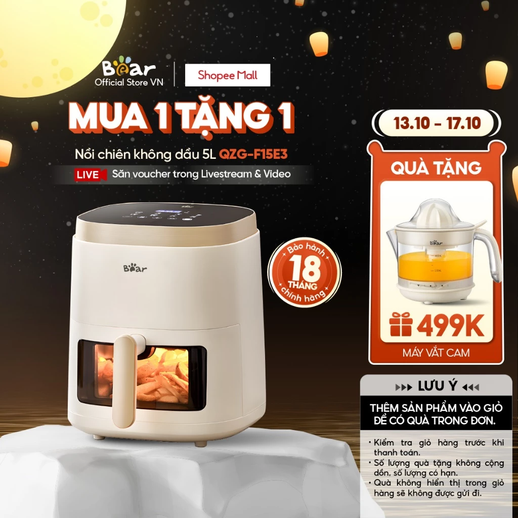 (Tặng Máy Vắt Cam-Bấm thêm sp vào giỏ) Nồi Chiên Không Dầu 5L Bear QZG-F15E3 - Hàng Chính Hãng