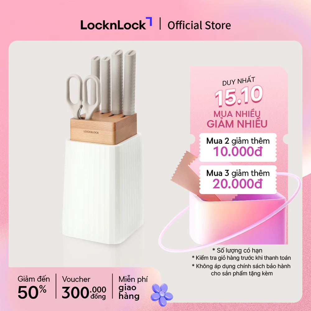 Bộ dao 6 món Lock&Lock (4 dao, 1 kéo, 1 hộp đựng dao) - màu trắng - CKK802