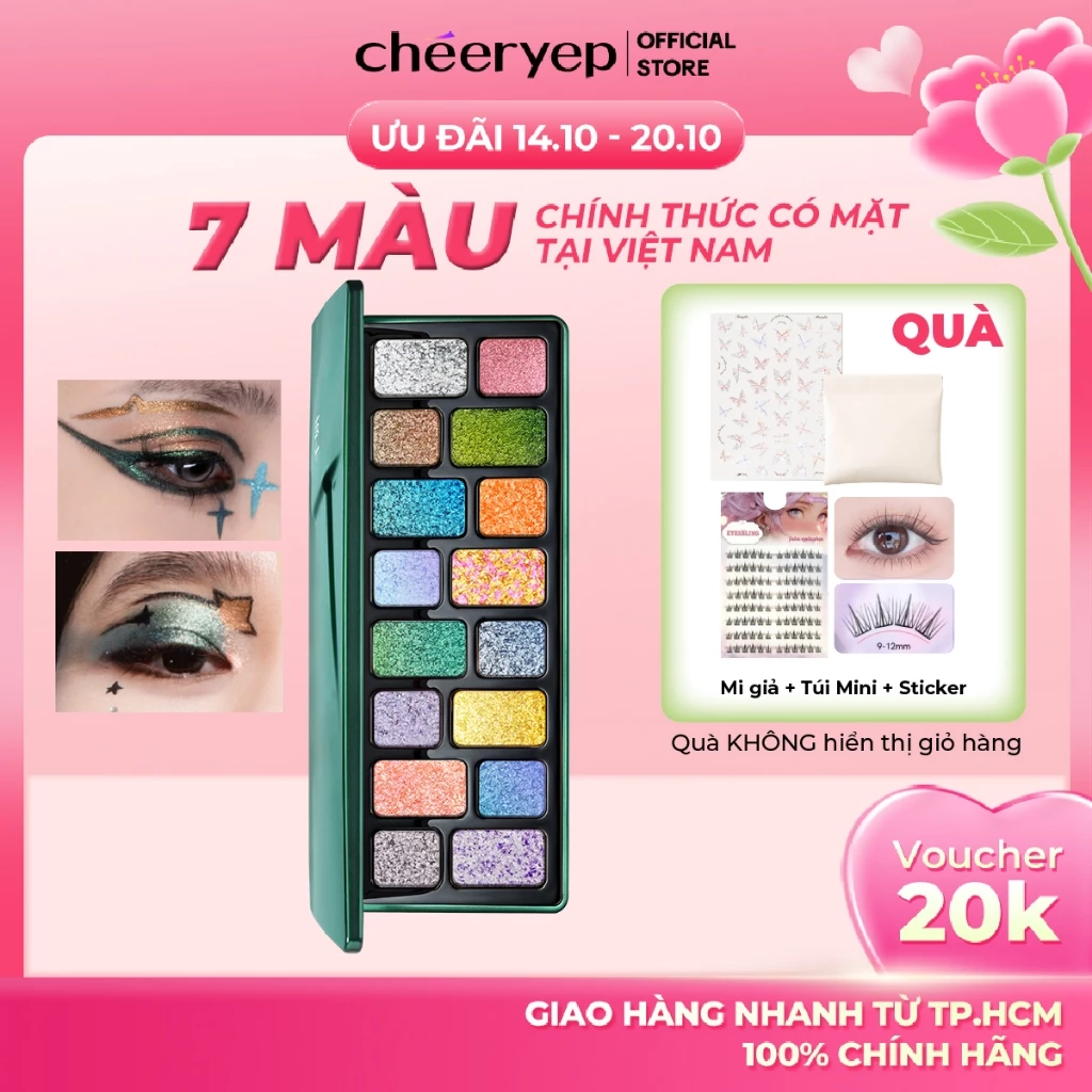 Bảng Phấn Mắt Cheeryep 16 Ô Nhũ Ánh Kim Lấp Lánh Bắt Sáng Tốt Phấn Mịn Dễ Tán Lên Màu Chuẩn Lâu Trôi