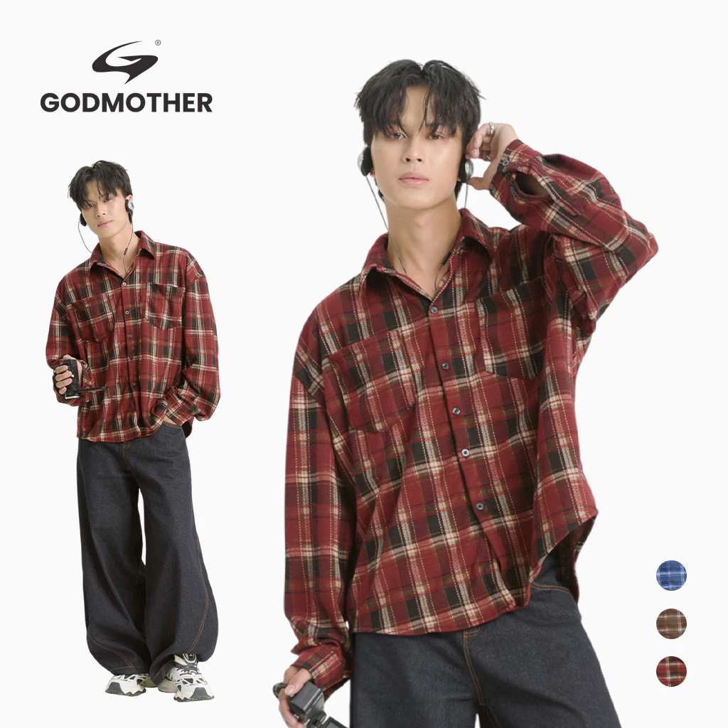Áo Sơmi Dài Tay Flannel GODMOTHER Sơ Mi Nam Nữ Kẻ Caro Thoáng Mát Tay Dài Phong Cách Hàn Quốc 2025