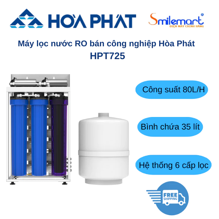Máy lọc nước RO bán công nghiệp Hòa Phát HPT725, công suất 80l/h, bình áp 35 lít, bảo hành chính hãng tại nhà 36 tháng.