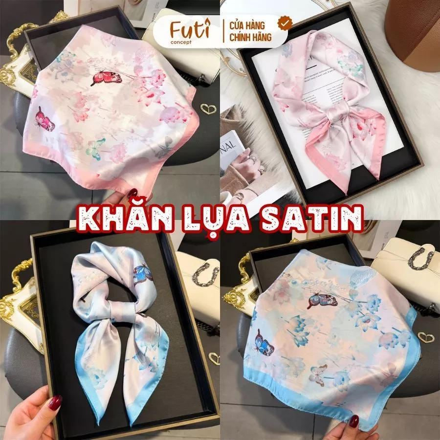 Khăn Bandana Hiphop Turban Nam Nữ Đủ Màu Trắng, Đen, Xanh, Nâu Nhạt, Khăn Choàng Lụa Vuông Satin Họa Tiết Bươm Bướm
