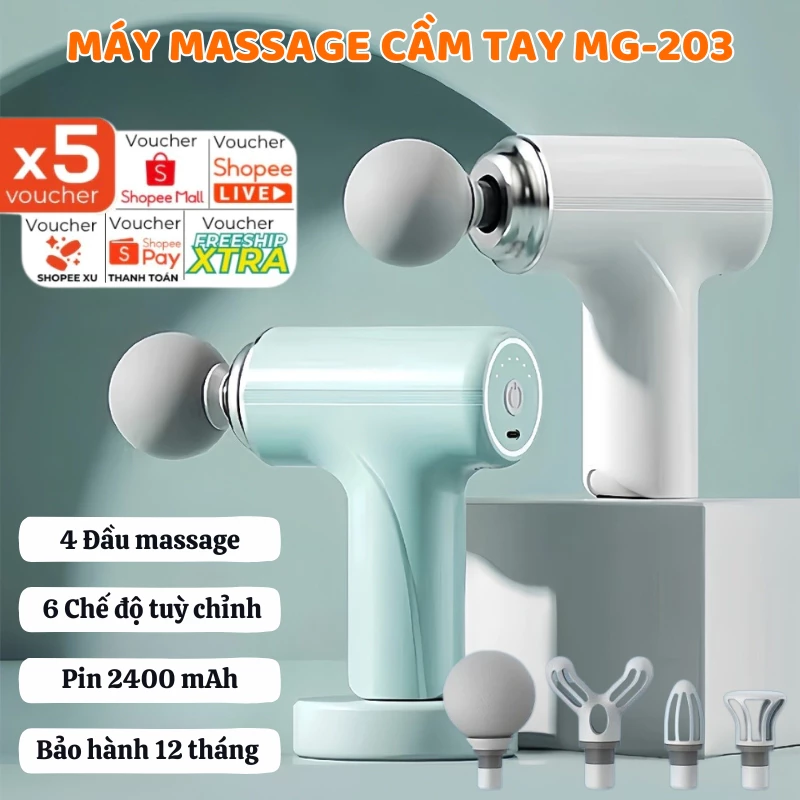 Máy massage mini cầm tay MG-203, Máy mát xa đa năng 4 đầu 6 chế độ rung giúp giảm đau cổ vai gáy, đau mỏi cơ hiệu quả