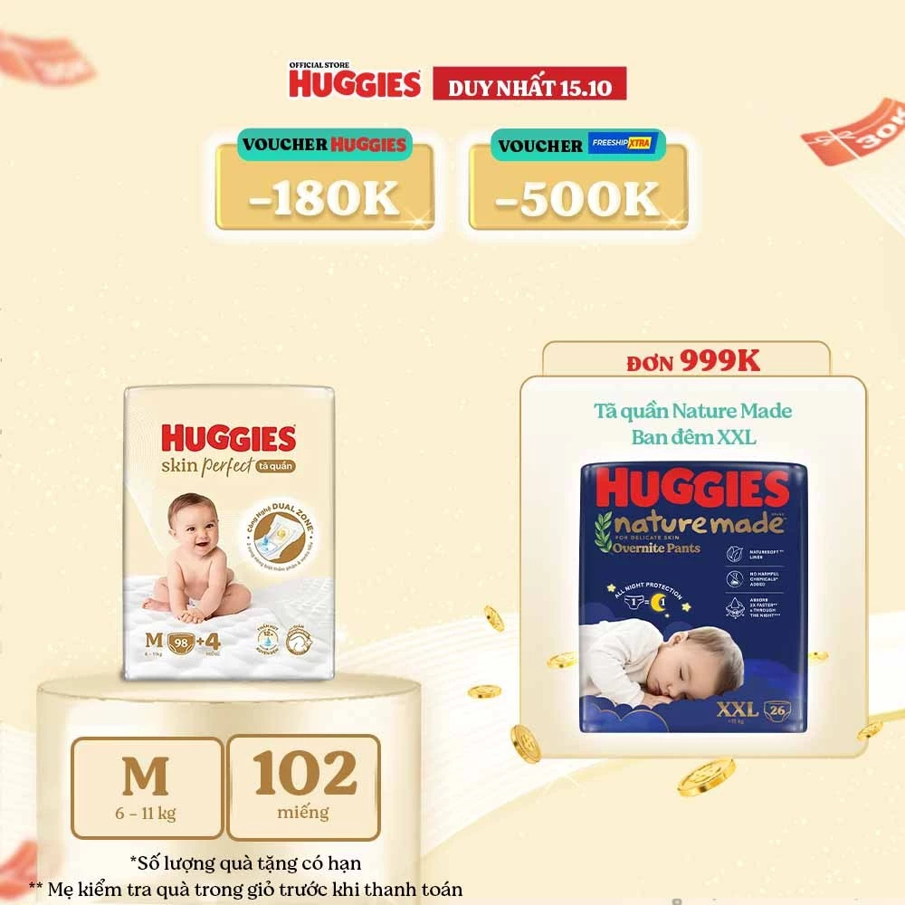 Tã quần Huggies Skin Perfect Mega Jumbo M98+4/ L88+4/XL72+4/XXL64+4 với 2 vùng thấm giảm kích ứng da