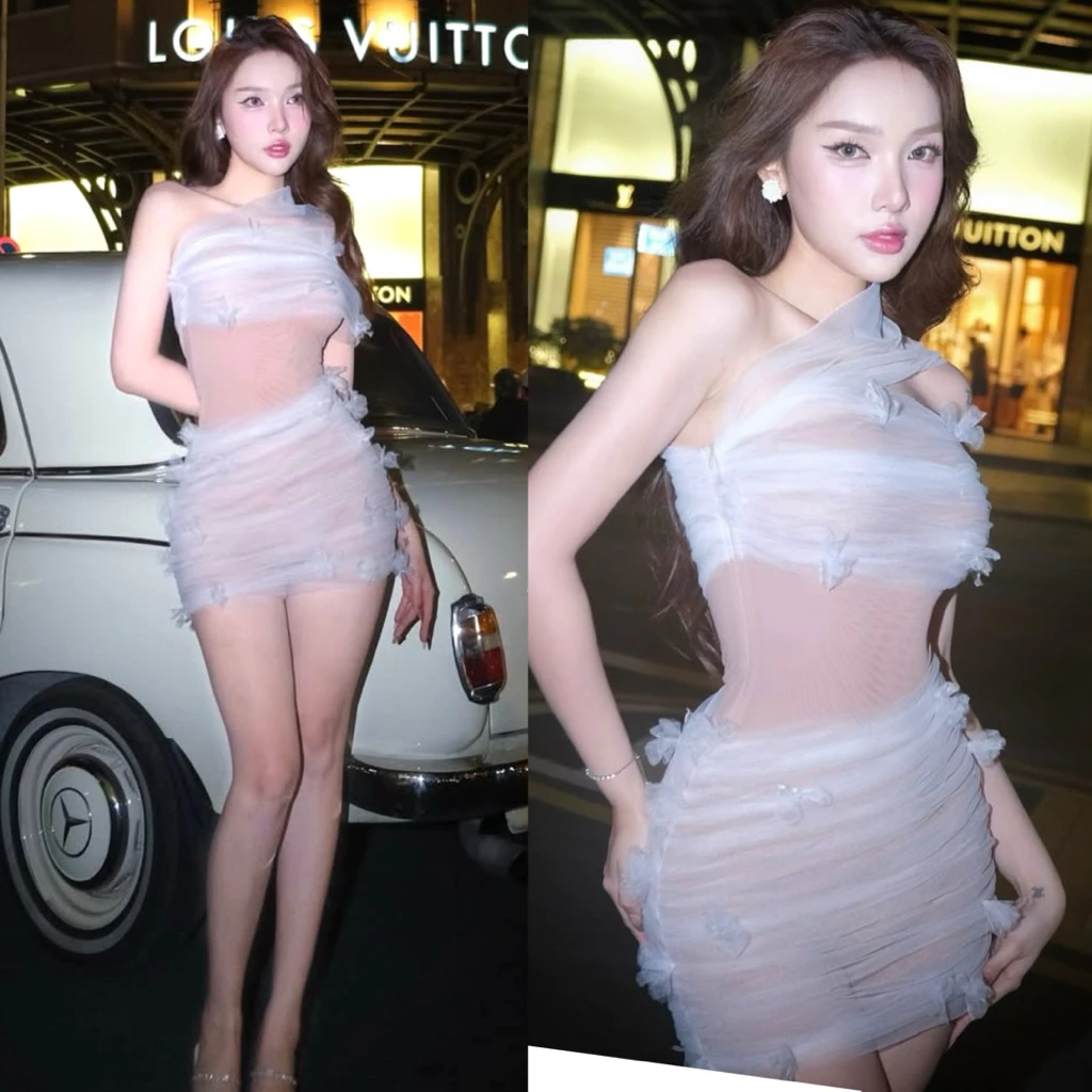 590 - Đầm Body Lệch Vai Kết Hoa