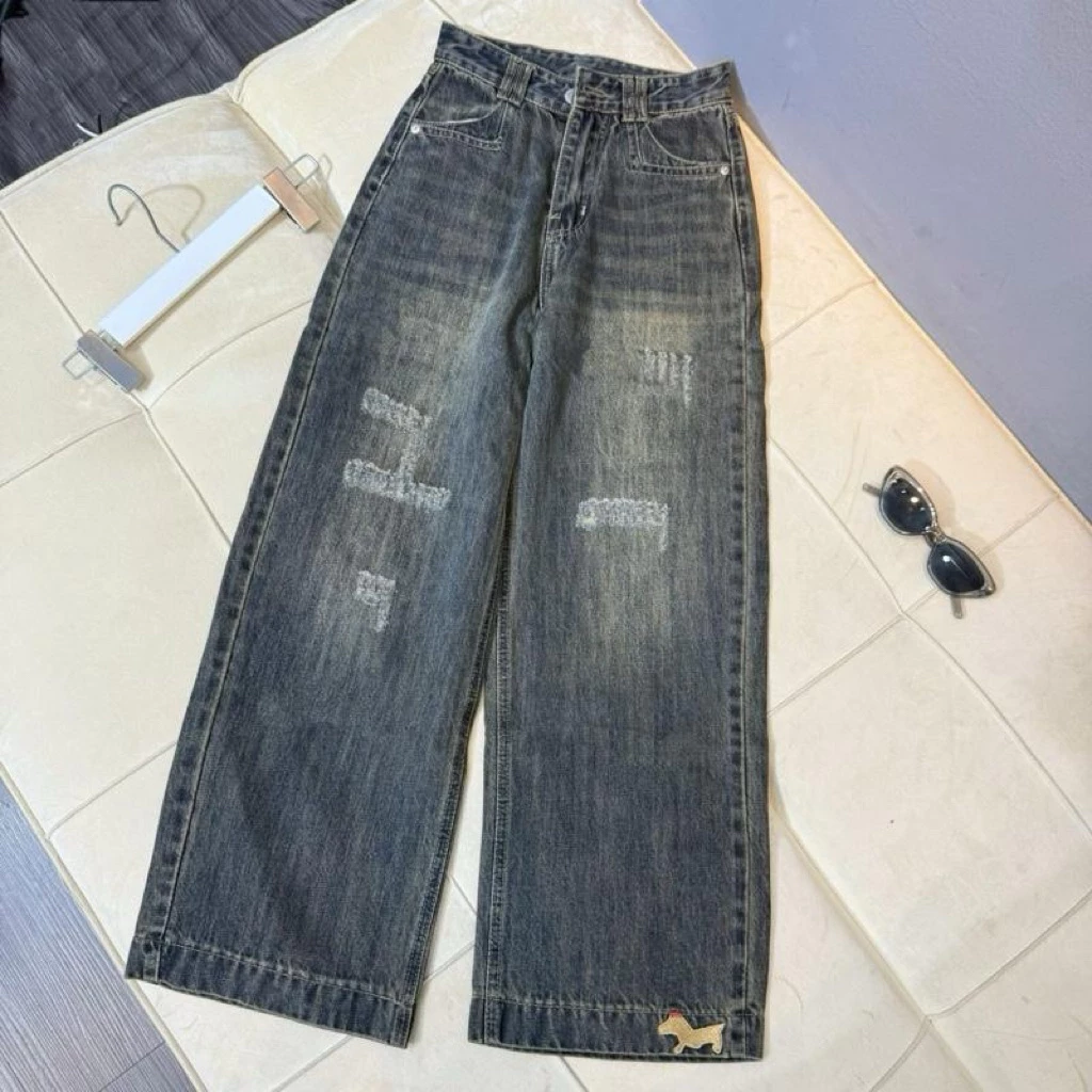 (92cm) Quần Jean Nữ  Suông Rông Nấm Thêu QC .jean  ko giãn - Shop Nhí ( S01 - quần suông nấm ) 881