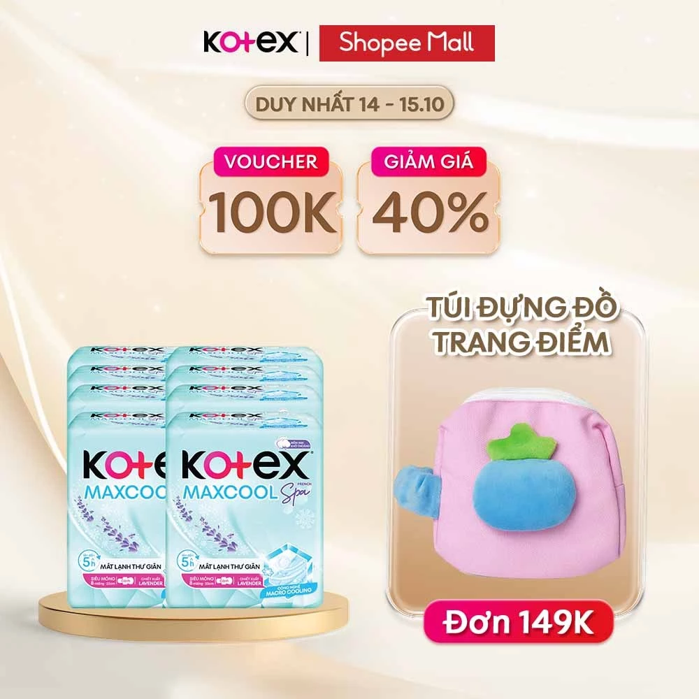 Combo 8 Gói Băng Vệ Sinh Kotex Maxcool French Spa Mát Lạnh Êm, Chiết Xuất Lavender Dịu Nhẹ 23cm 8 Miếng/Gói