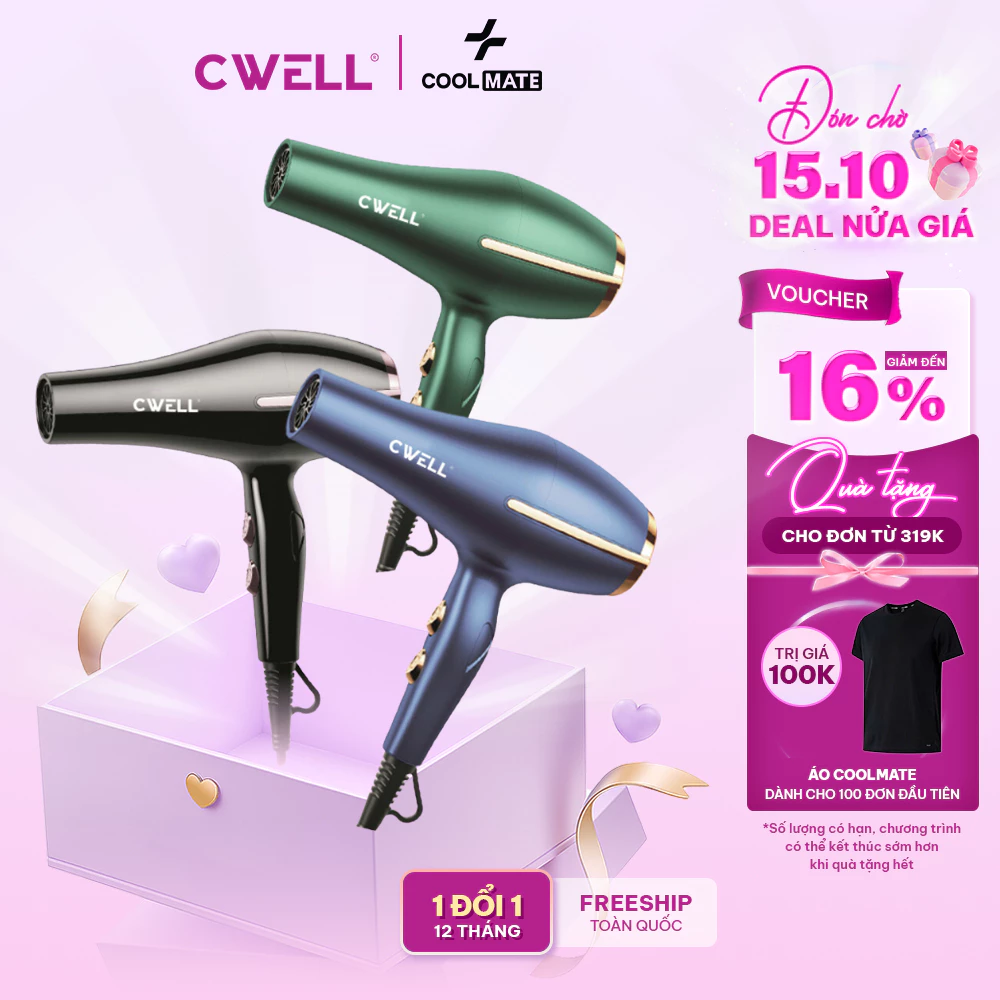 Máy sấy tóc CWell C03HD công suất lớn 1800W-2500W, 6 chế độ sấy kép, ánh sáng xanh bảo vệ tóc