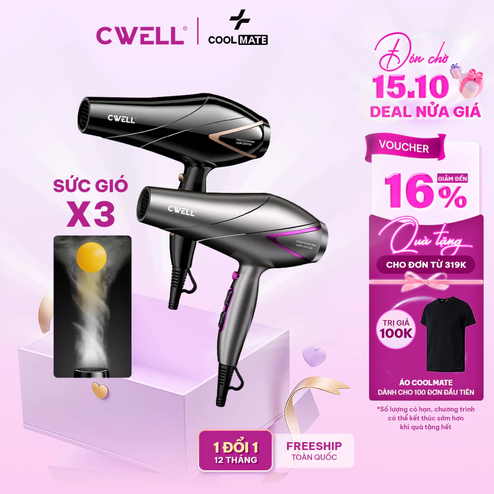 Máy sấy tóc công suất cao CWELL C09HD 2500W chuyên dụng cho Salon, 6 chế độ sấy, gió mạnh nhanh khô