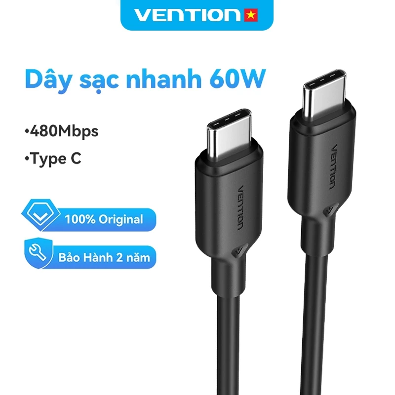 Dây Sạc Nhanh 2 Đầu Type C Vention 60W, Tốc Độ 480Mbps, Vỏ Bọc PVC Siêu Bền cho 15,16,17...