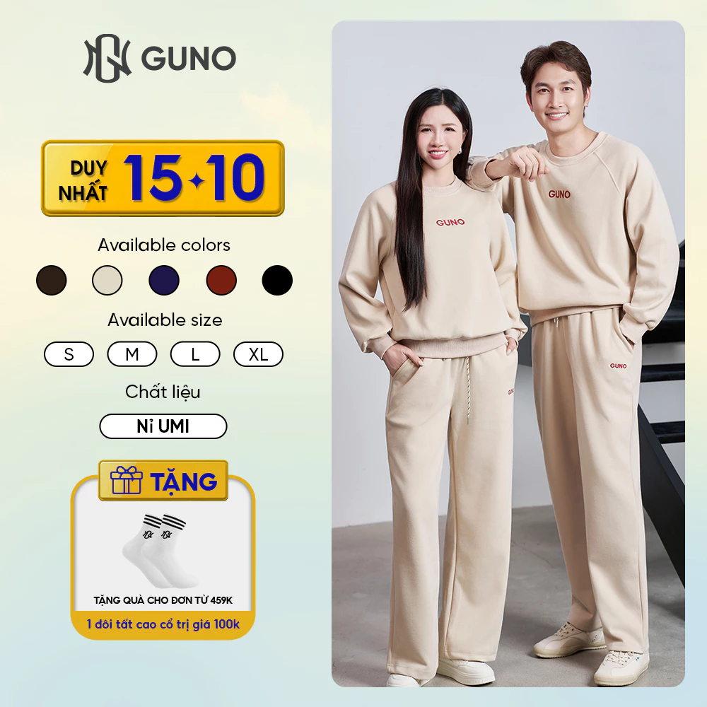 Bộ Quần Áo Nỉ Nam Nữ GUNO Cổ Tròn Logo Thêu Kèm Quần Suông Set Bộ Thu Đông Cao Cấp SP5 25BG127/BB181