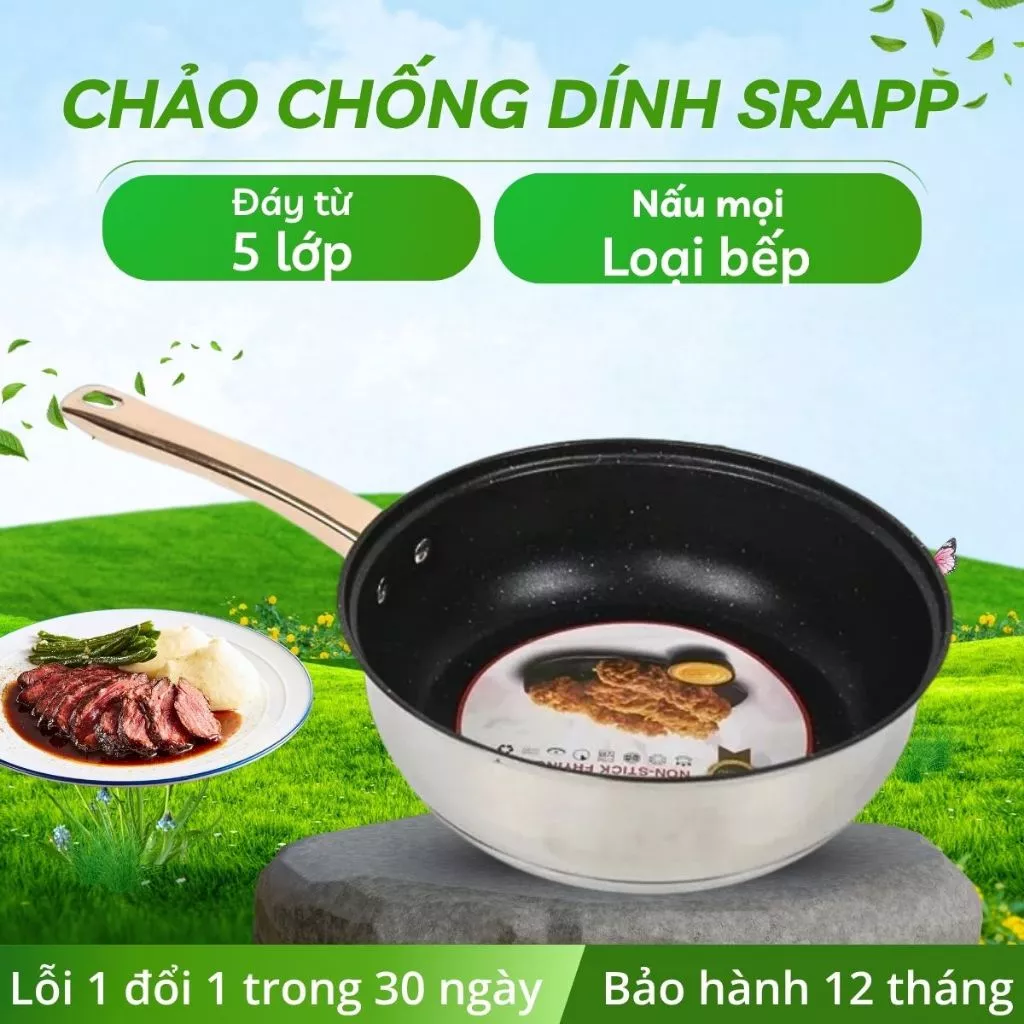 Chảo chống dính inox SRAPP SH-30, Chảo inox size 26cm đáy 5 lớp phù hợp mọi loại bếp
