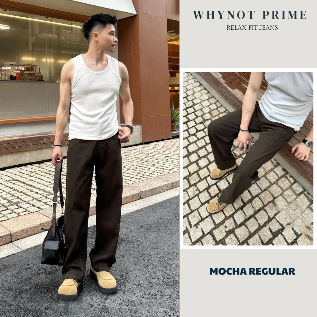 Quần Jean Nam Ống Suông Đứng Màu Nâu Dáng Regular WN PRIME, Quần Bò Nam Form Suông Rộng Có BigSize