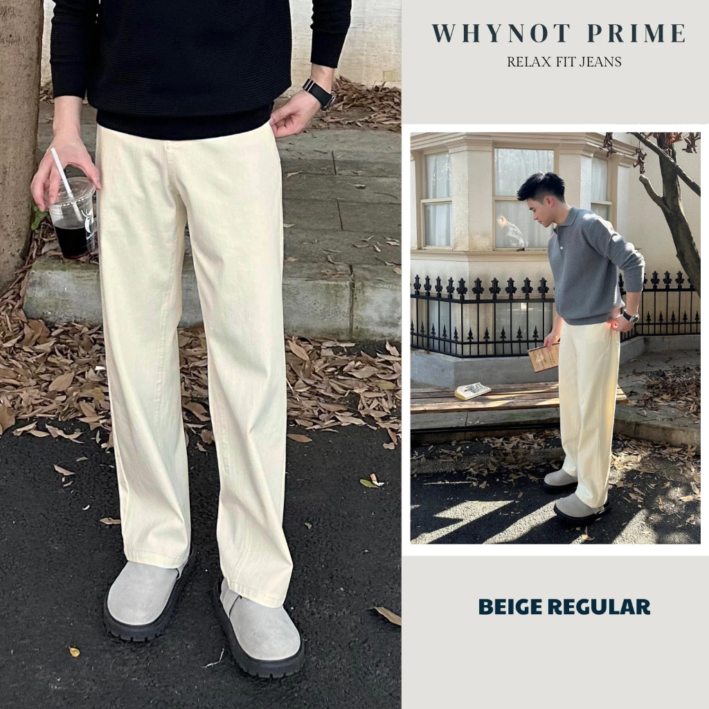 Quần Jean Nam Ống Suông Đứng Màu be Dáng Regular WN PRIME, Quần Bò Nam Form Suông Rộng Có BigSize