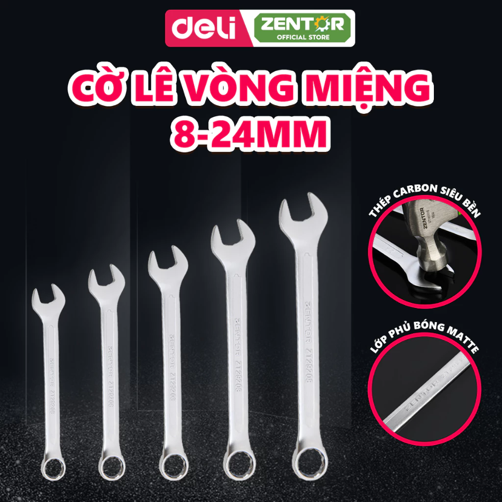 Cờ Lê Vòng Miệng Zentor , Cờ Lê 2 Đầu Thép Cacbon Đầy Đủ Kích Cỡ 8-24mm Bền Bỉ Chắc Chắn Chuyên Dụng Cơ Khí Sửa Chữa