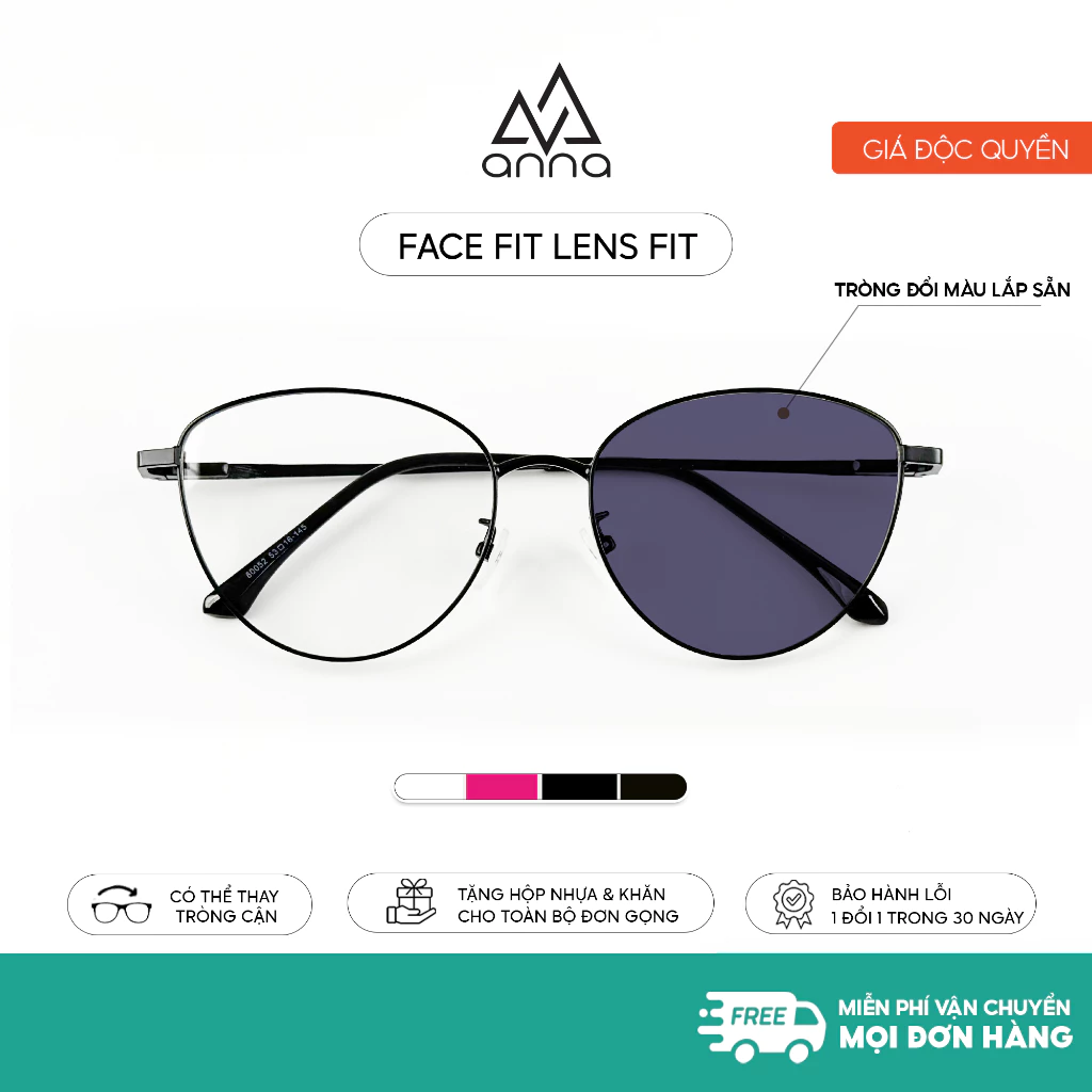 Gọng kính thời trang lắp sẵn tròng đổi màu khi ra nắng ANNA dáng mắt mèo chất liệu kim loại 80052