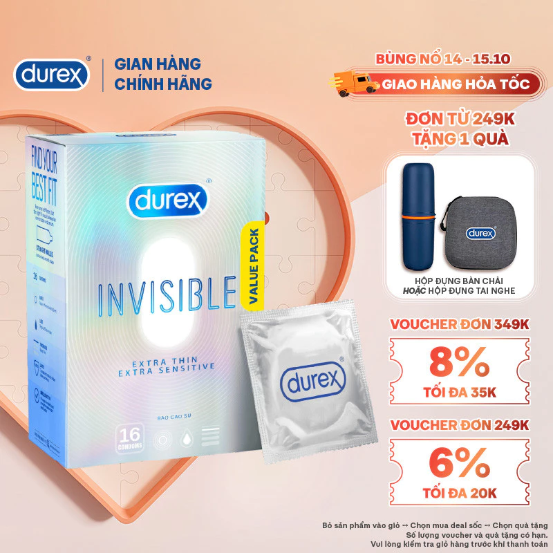 Bao Cao Su Durex Invisible Siêu Mỏng, Size 52 mm, Hộp 16 Bao Mới Ra Mắt - Hộp Lớn Siêu Tiết Kiệm