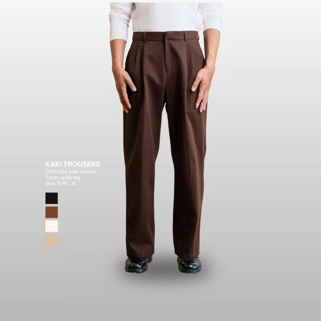 Quần Âu Nam B Brown Vải Kaki Cạp Cao Form Rộng Ống Dài Phủ Giày - B Brown Wide Leg Khaki Trousers