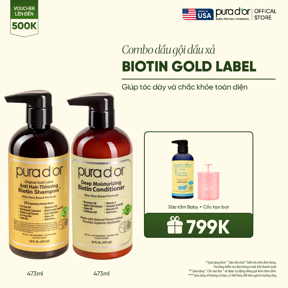 Combo Gội - Xả Biotin Pura D'or Original Gold Label & Deep Moisturizing Chăm Sóc Da Đầu 473ml/236ml