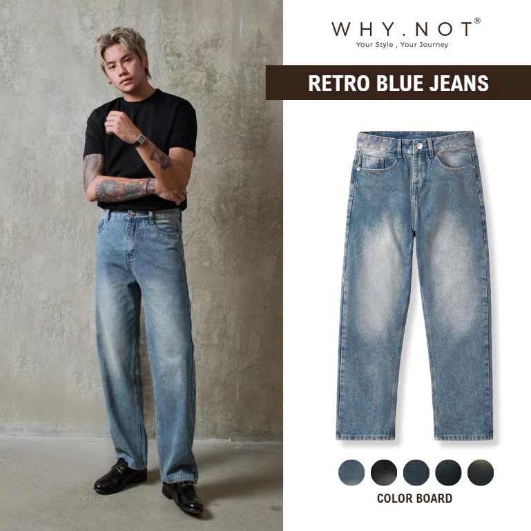 Quần Jean Nam Màu Xanh Retro WHY NOT - Quần Jeans Nam Ống Suông Rộng Form Regular Fit Quần Bò Mềm
