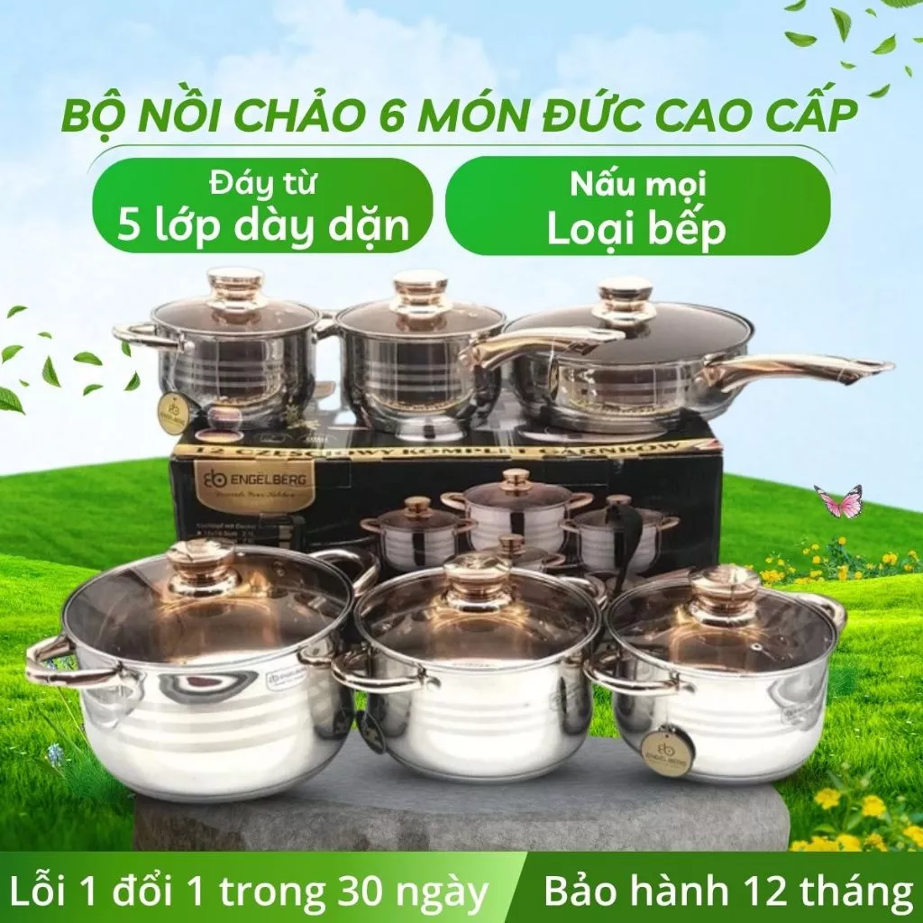 Bộ nồi inox Đức 6 món đáy 5 lớp cao cấp, dùng được cho mọi loại bếp  - Bảo hành 12 tháng
