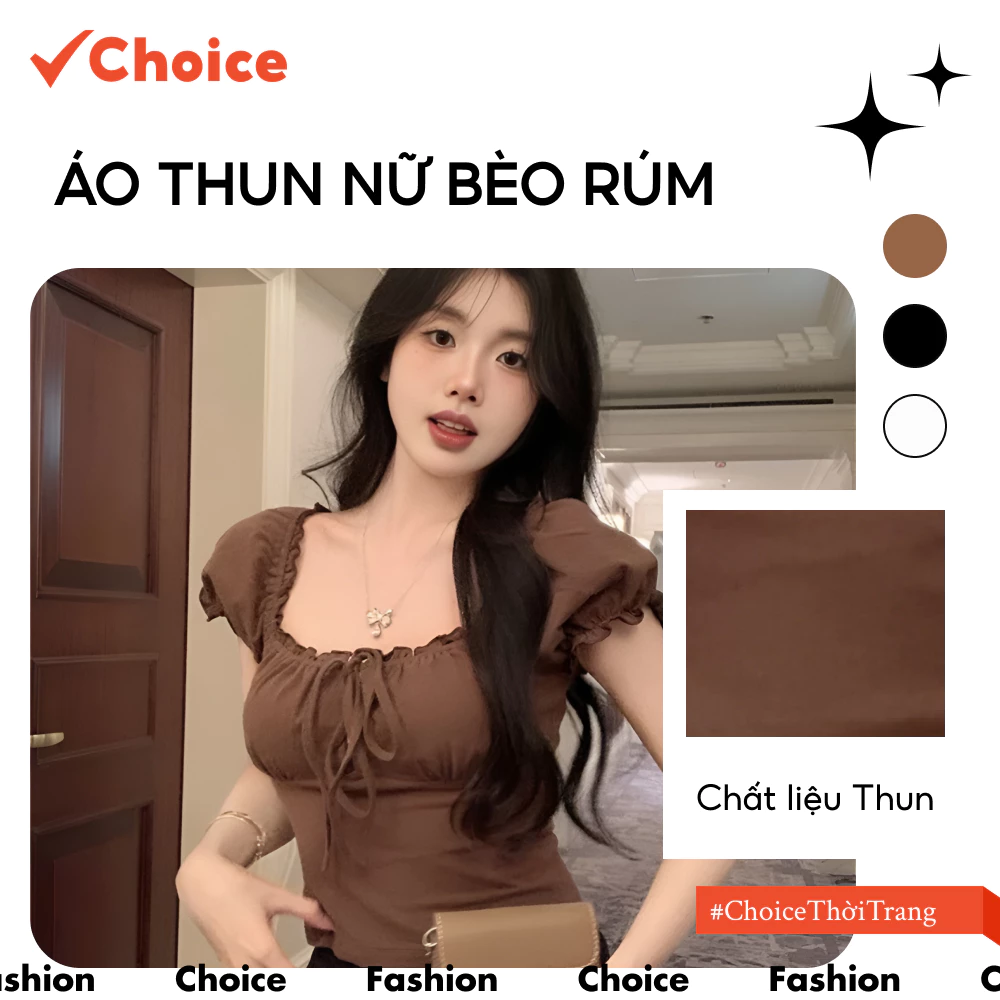 [Choice] Áo Thun Nữ FA1-2711-844 Bèo Rúm, Kiểu Trễ Vai, Nơ Cổ, Ôm Dáng