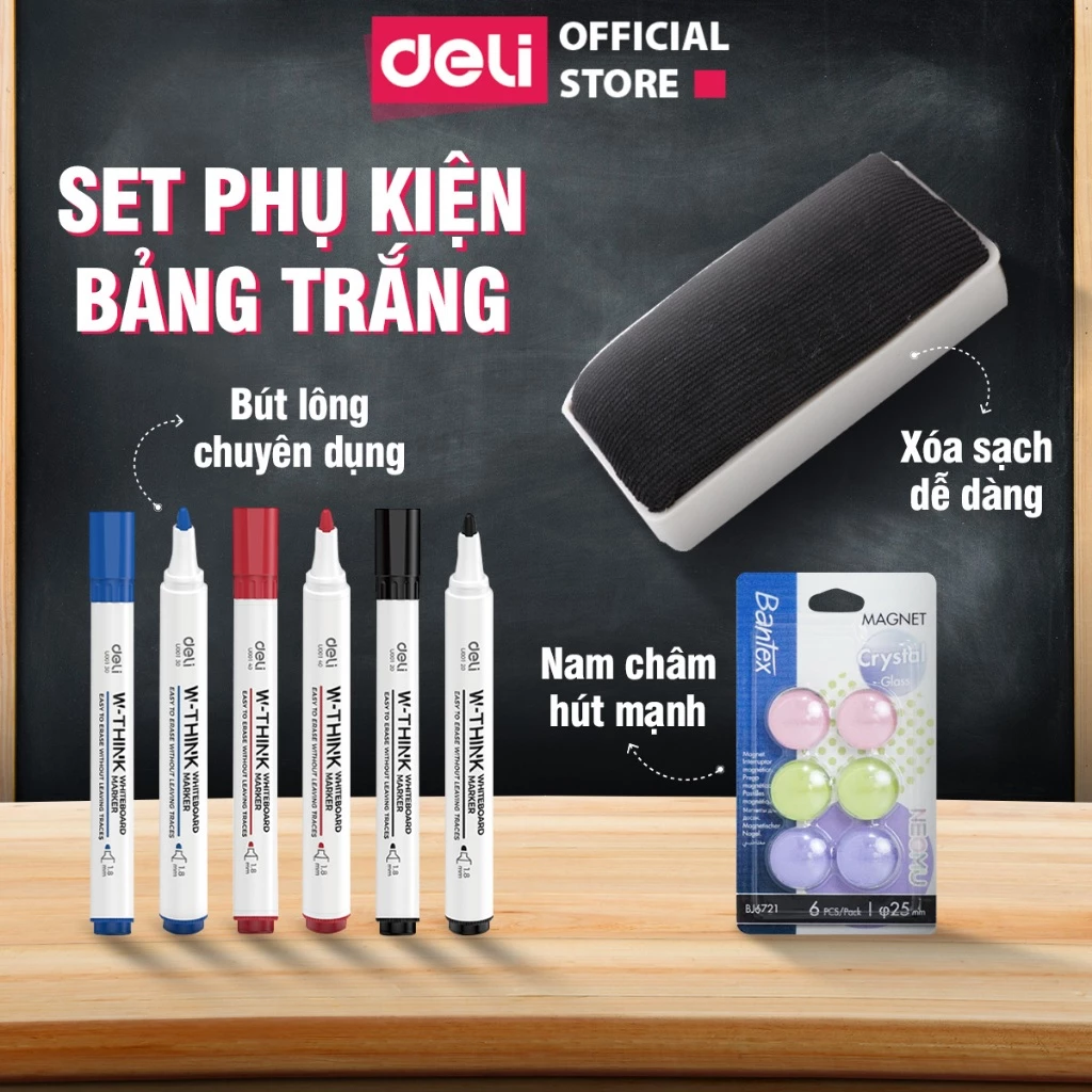 [Deli VPP] Set Phụ Kiện Bảng Trắng 5 Chi Tiết Deli Bút Lông Lau Bảng Nam Châm Xóa Sạch Tiện Dụng Gọn Nhẹ